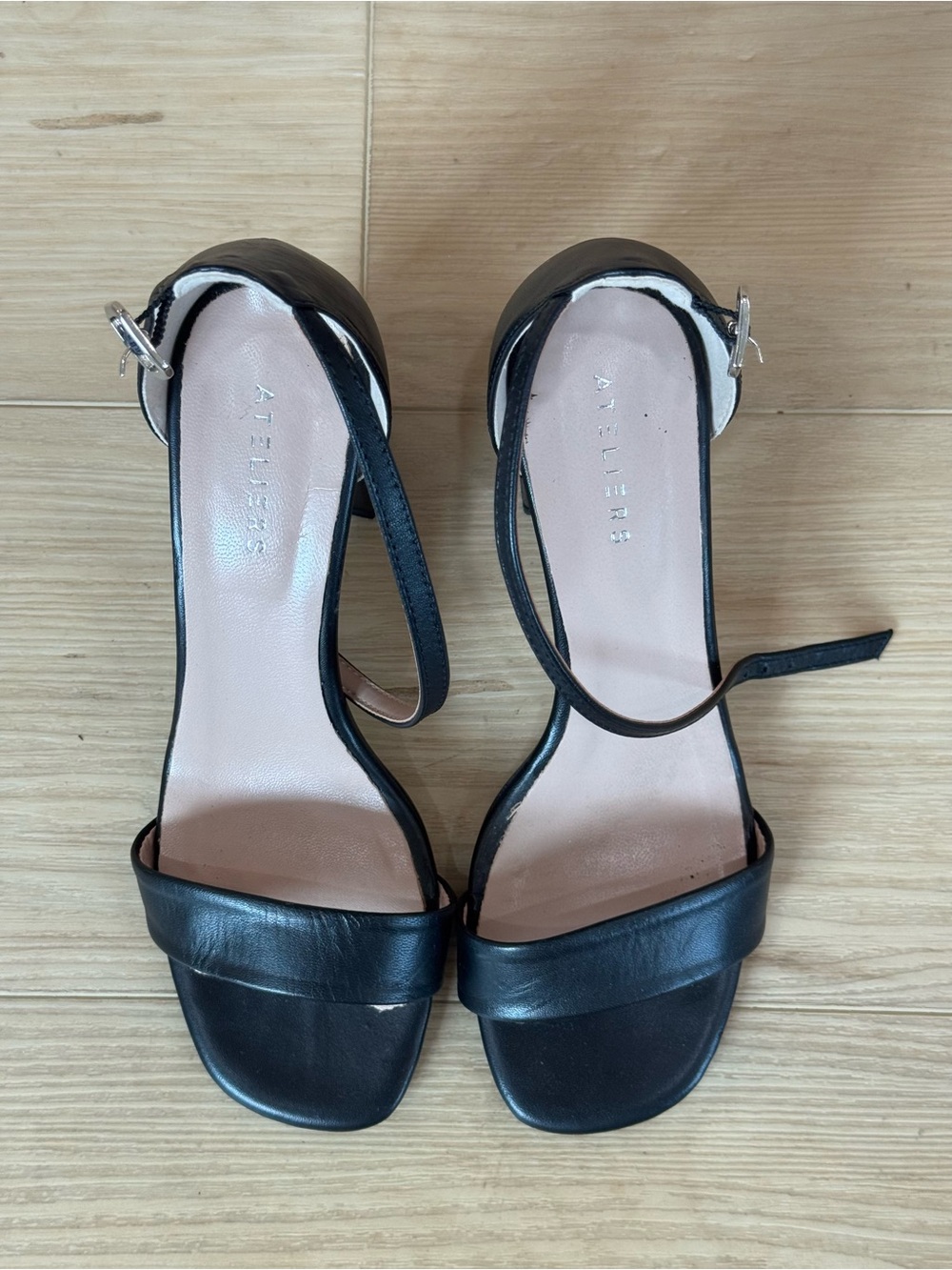 ATELIERS Black Leather Ankle-Strap Heels